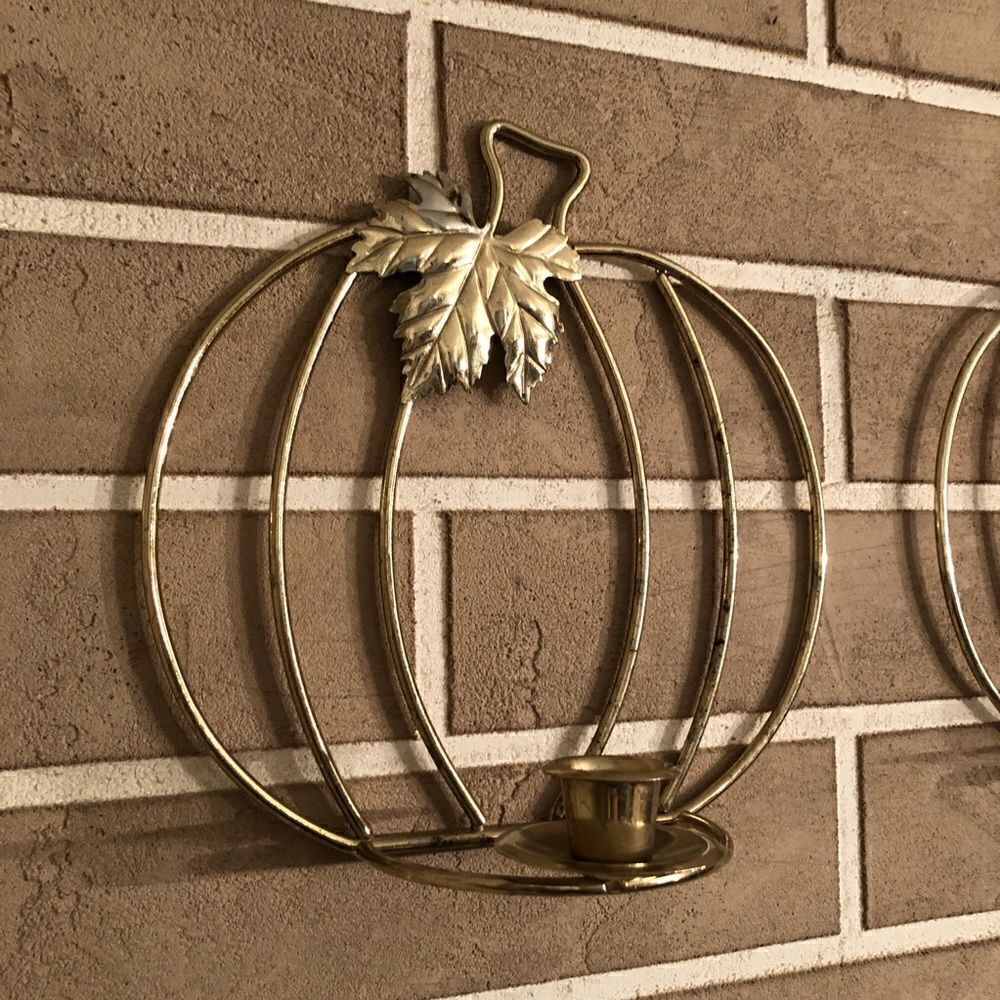 Vintage Pumpkin Wall Hanging Candlestick Holders in Gold Lot of 2 - Picture 2 of 15